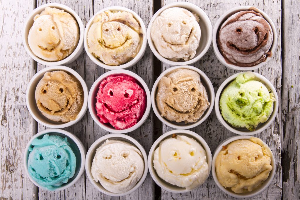 Selection of gourmet flavors of Italian ice cream in vibrant